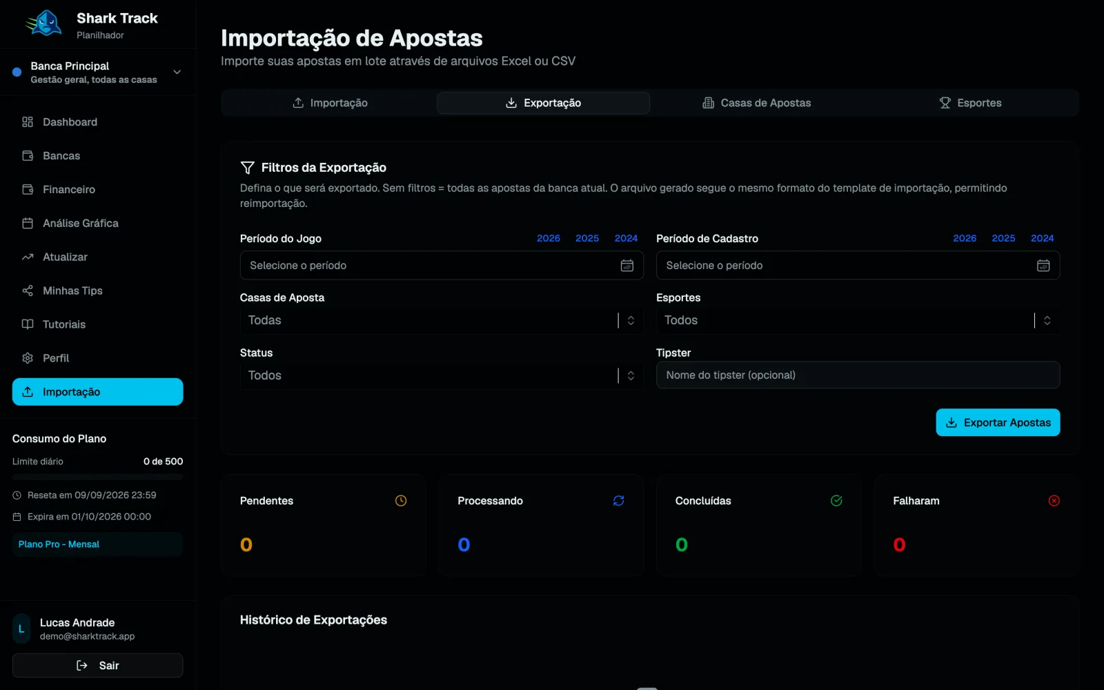 Aba Exportação com os filtros e o histórico