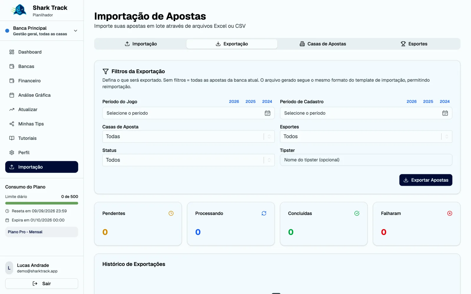 Aba Exportação com os filtros e o histórico