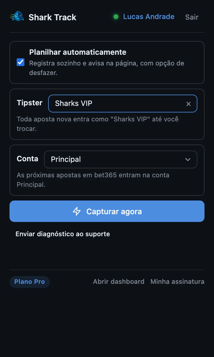 Painel da extensão com o seletor de Conta