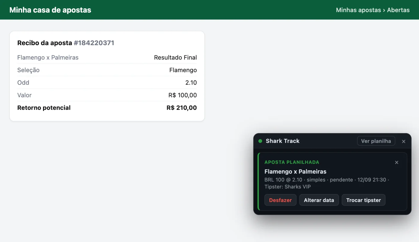 Aviso na página da casa: aposta planilhada, com botões Desfazer, Alterar data e Trocar tipster