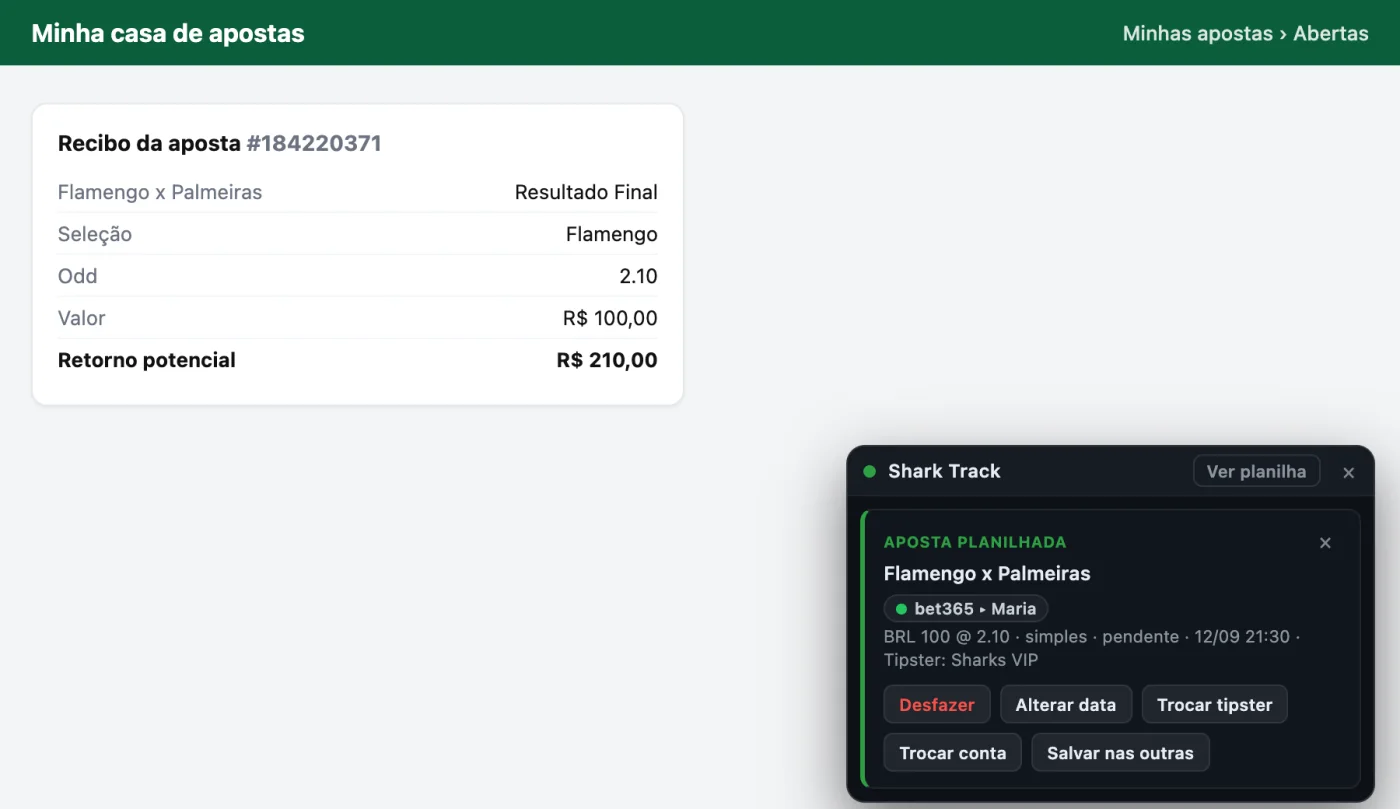 Aviso na página com o chip bet365 ▸ Maria e os botões Trocar conta e Salvar nas outras