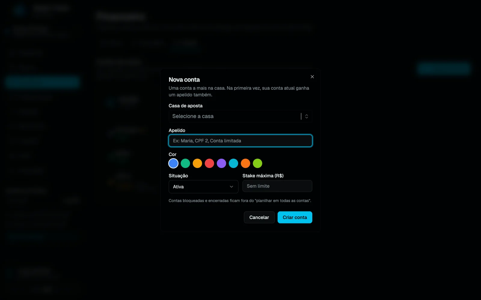 Modal Nova conta