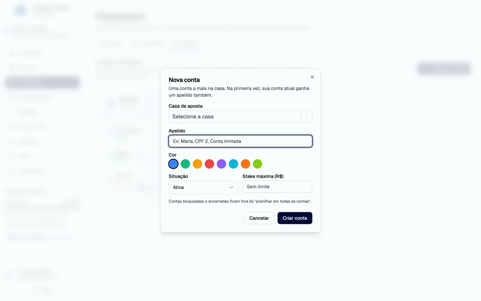 Modal Nova conta