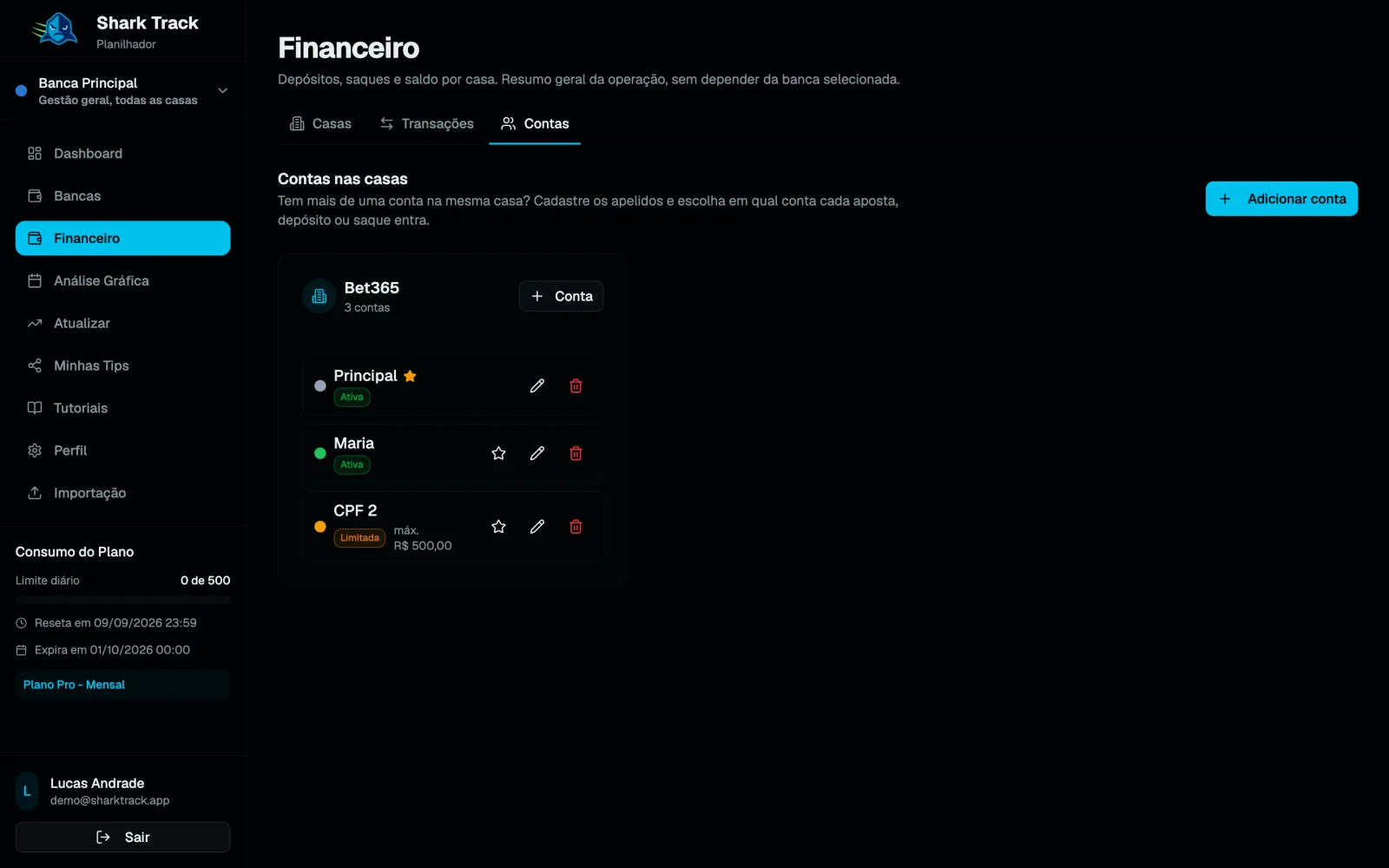 Aba Contas com o card da casa e a lista de contas