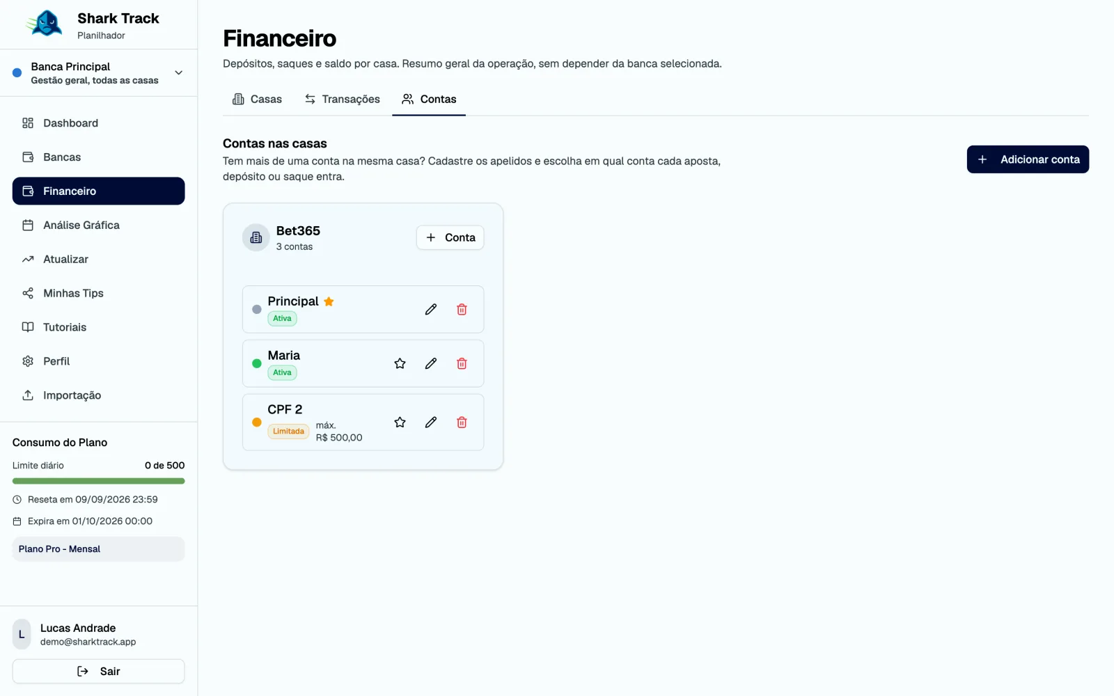 Aba Contas com o card da casa e a lista de contas