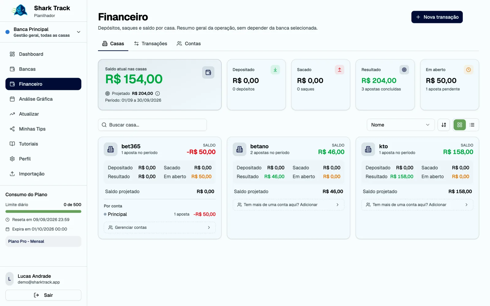 Página Financeiro com o saldo nas casas e os cards por casa