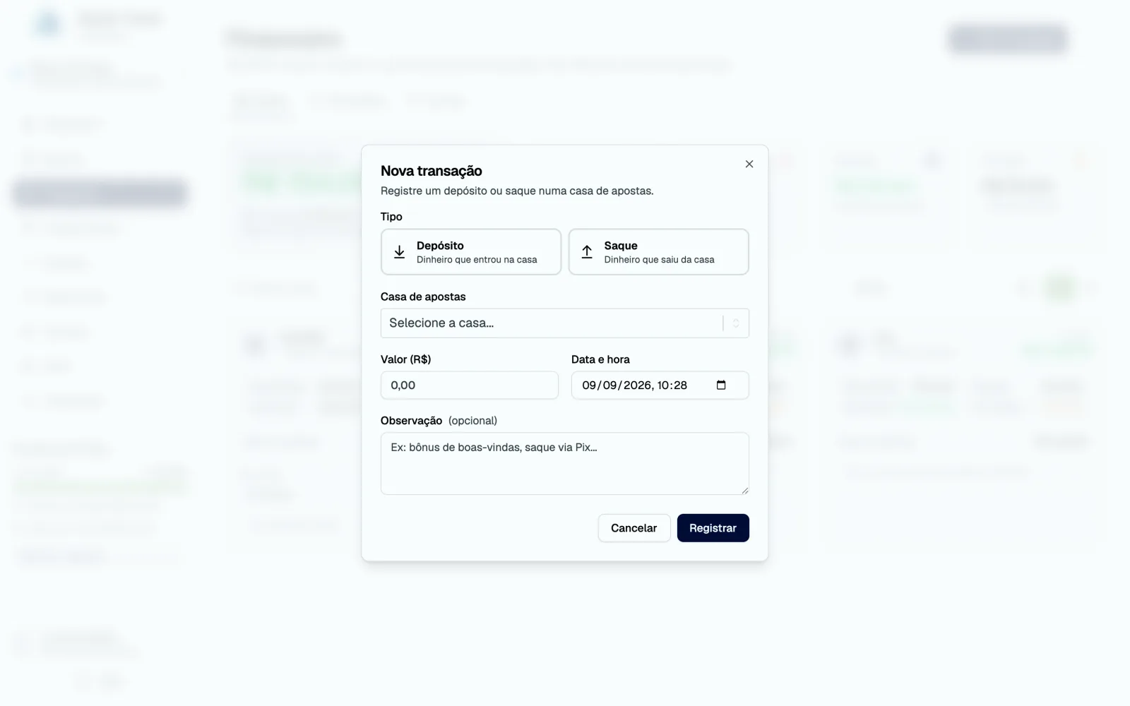 Modal Nova transação