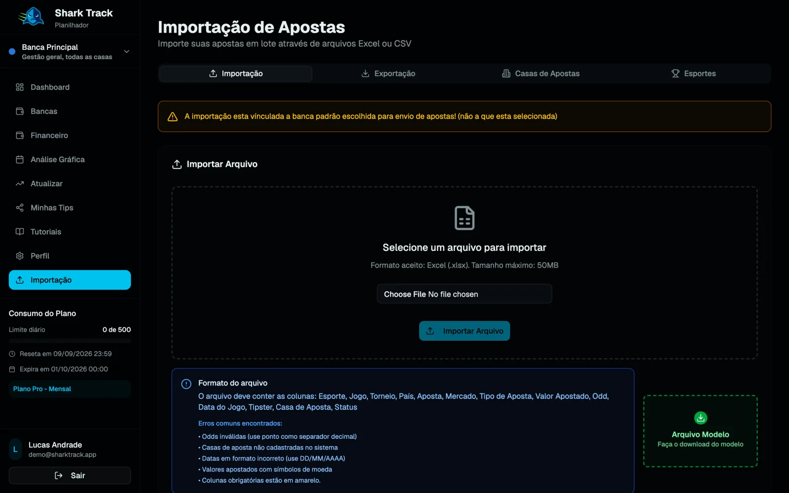 Página Importação de Apostas