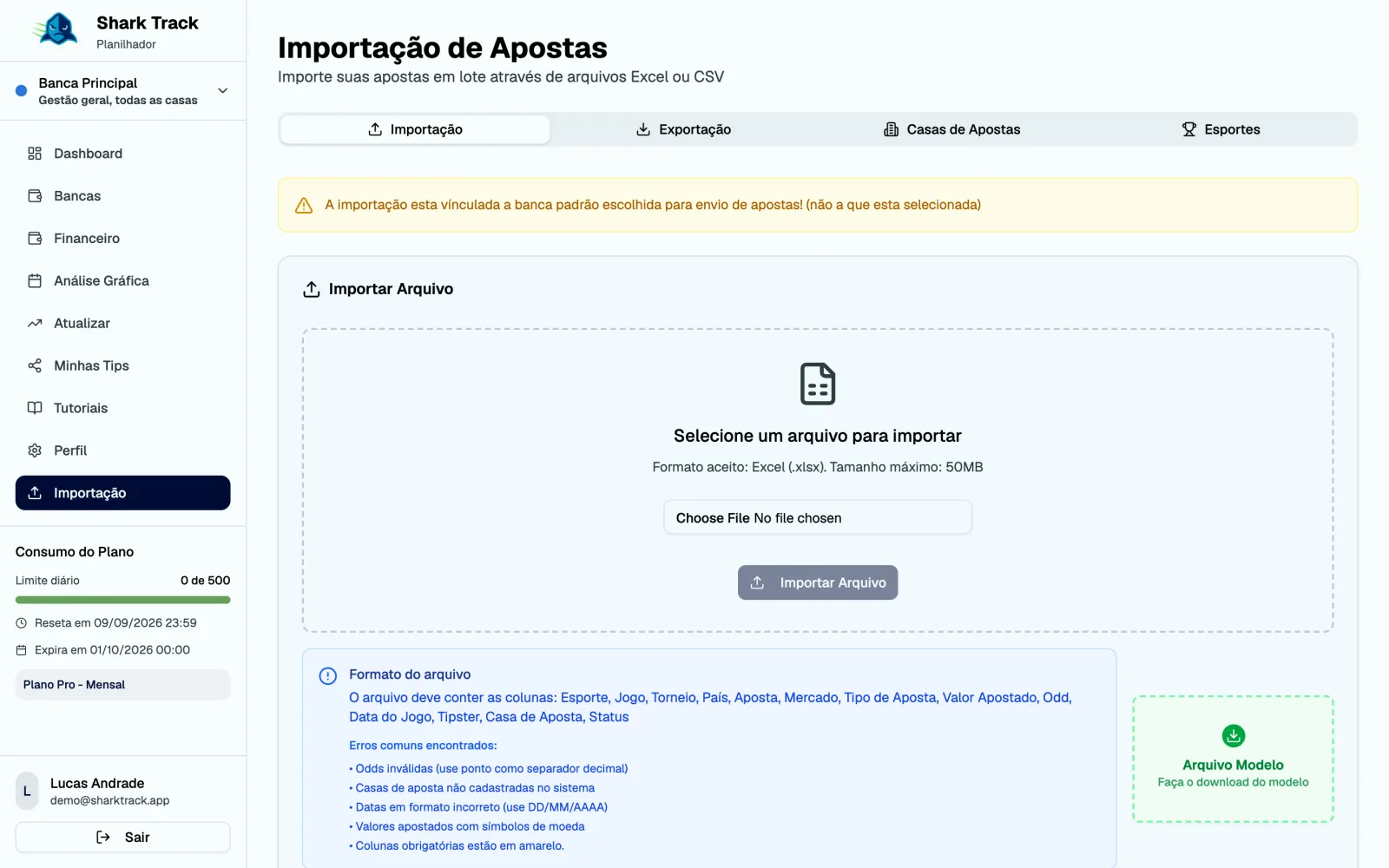 Página Importação de Apostas