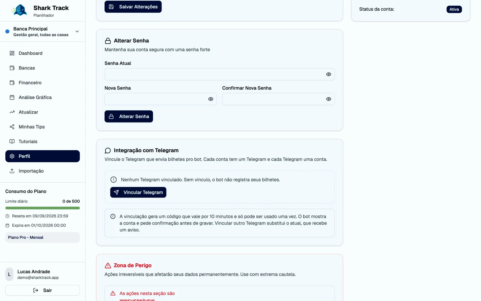 Cartão Integração com Telegram na página de perfil