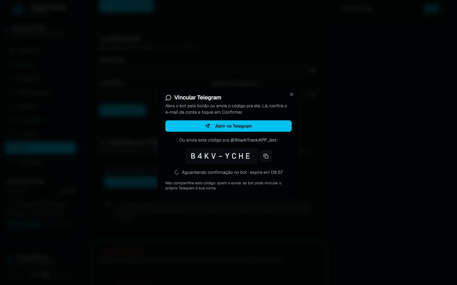 Modal Vincular Telegram com o botão Abrir no Telegram e o código
