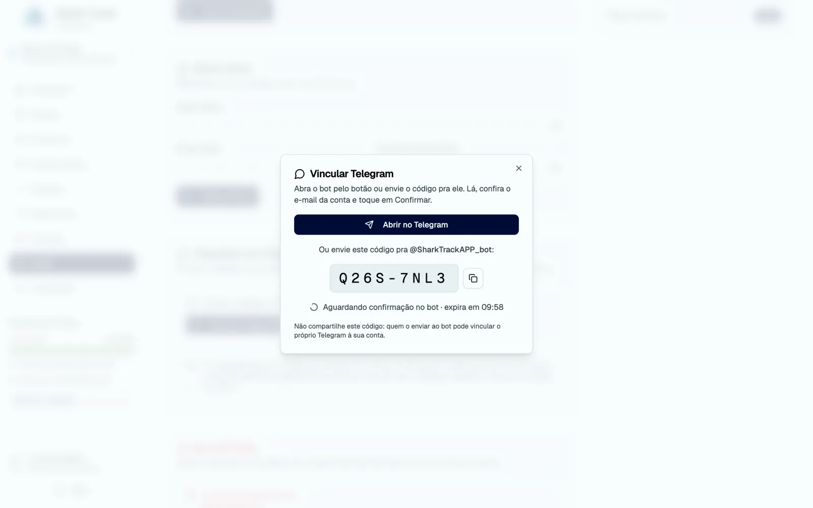 Modal Vincular Telegram com o botão Abrir no Telegram e o código