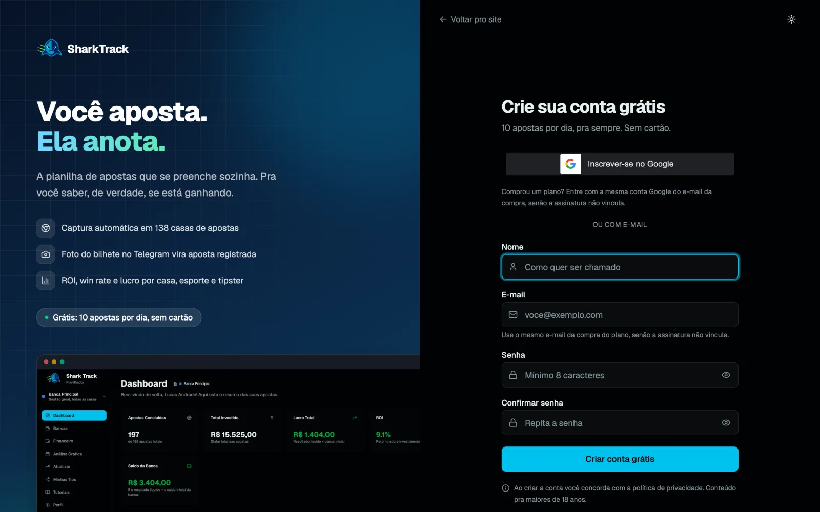 Tela de cadastro do Shark Track