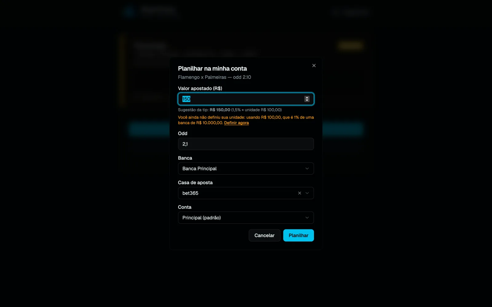Modal Planilhar na minha conta com a sugestão por unidade