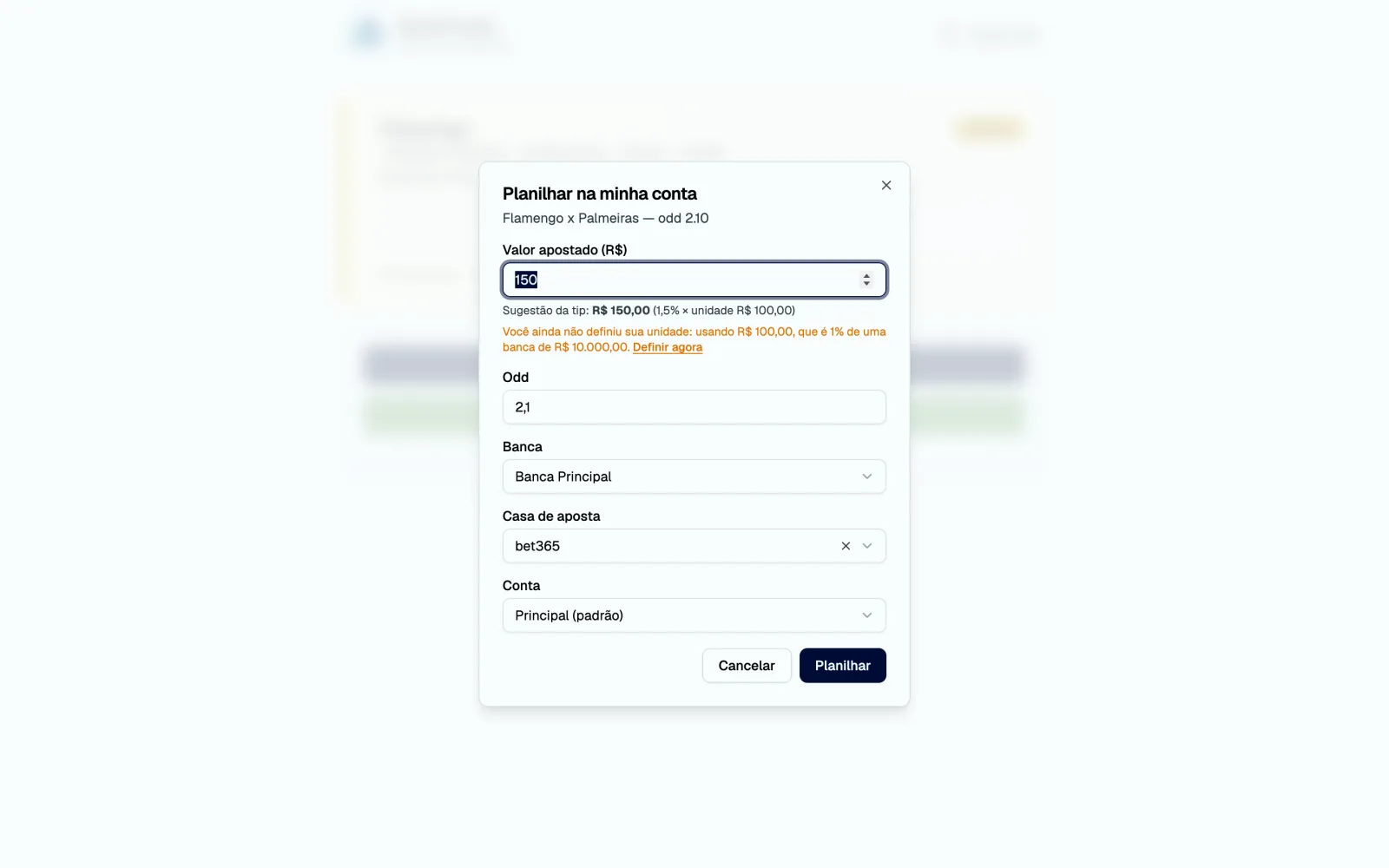 Modal Planilhar na minha conta com a sugestão por unidade