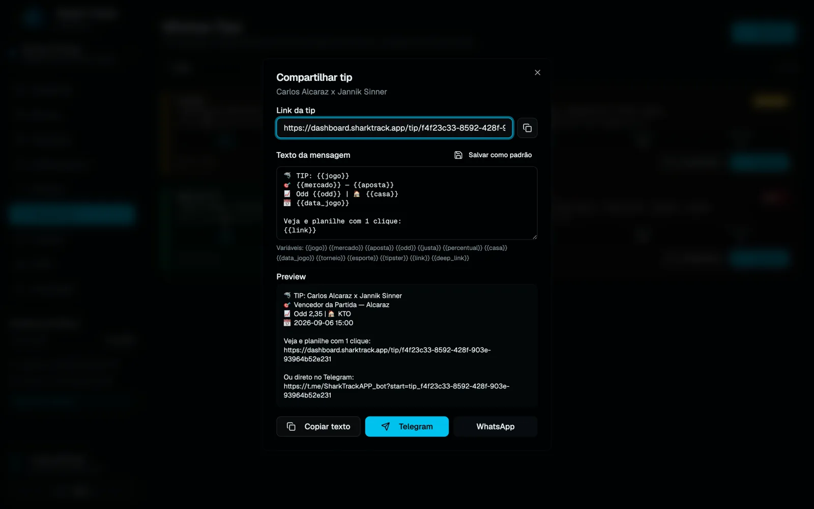 Modal Compartilhar tip com link, texto da mensagem, preview e botões Telegram e WhatsApp