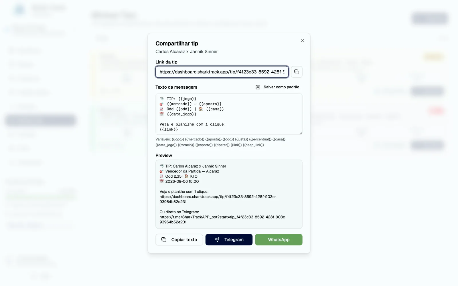 Modal Compartilhar tip com link, texto da mensagem, preview e botões Telegram e WhatsApp