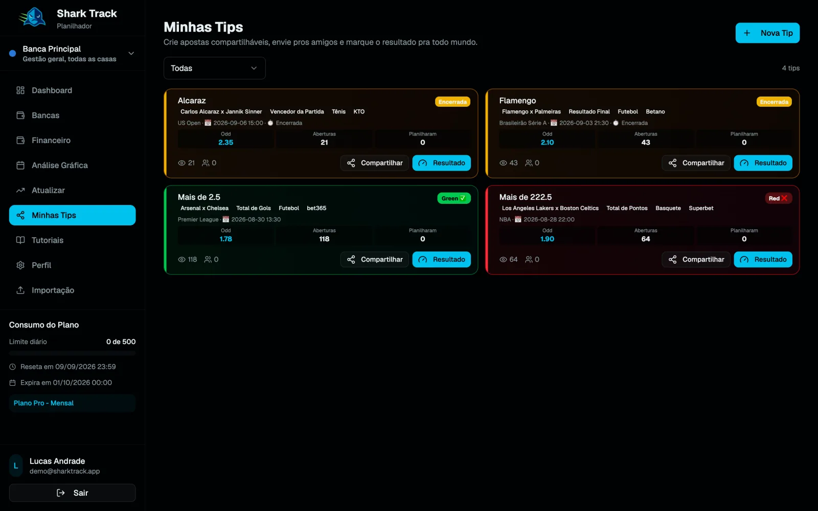 Página Minhas Tips com os cards de tips