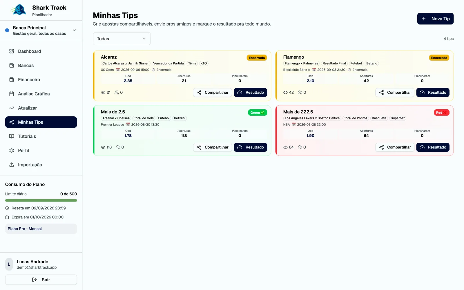 Página Minhas Tips com os cards de tips