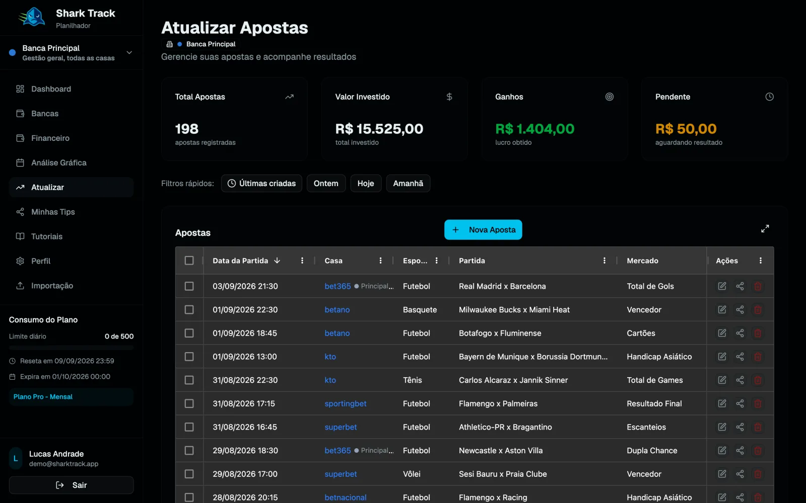 Página Atualizar Apostas com a tabela