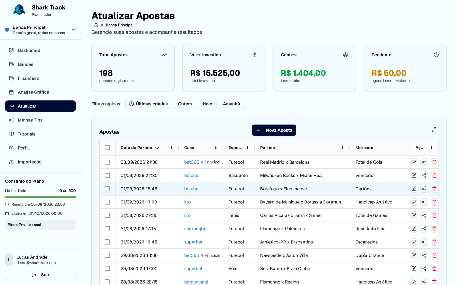 Página Atualizar Apostas com a tabela