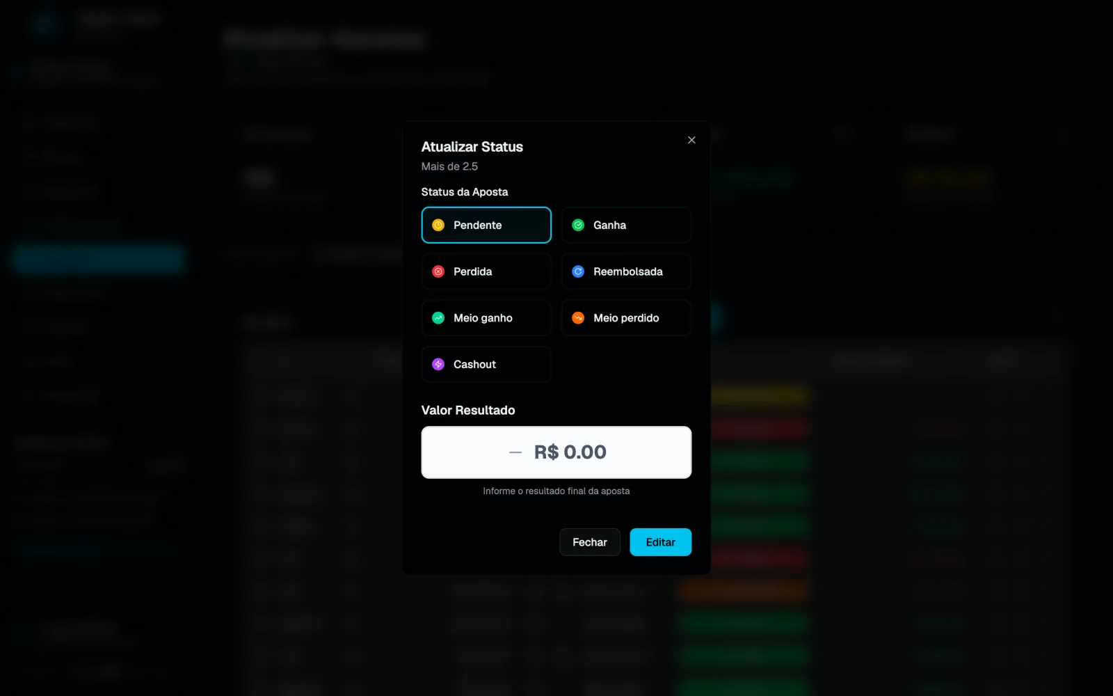 Modal Atualizar Status com os botões de status