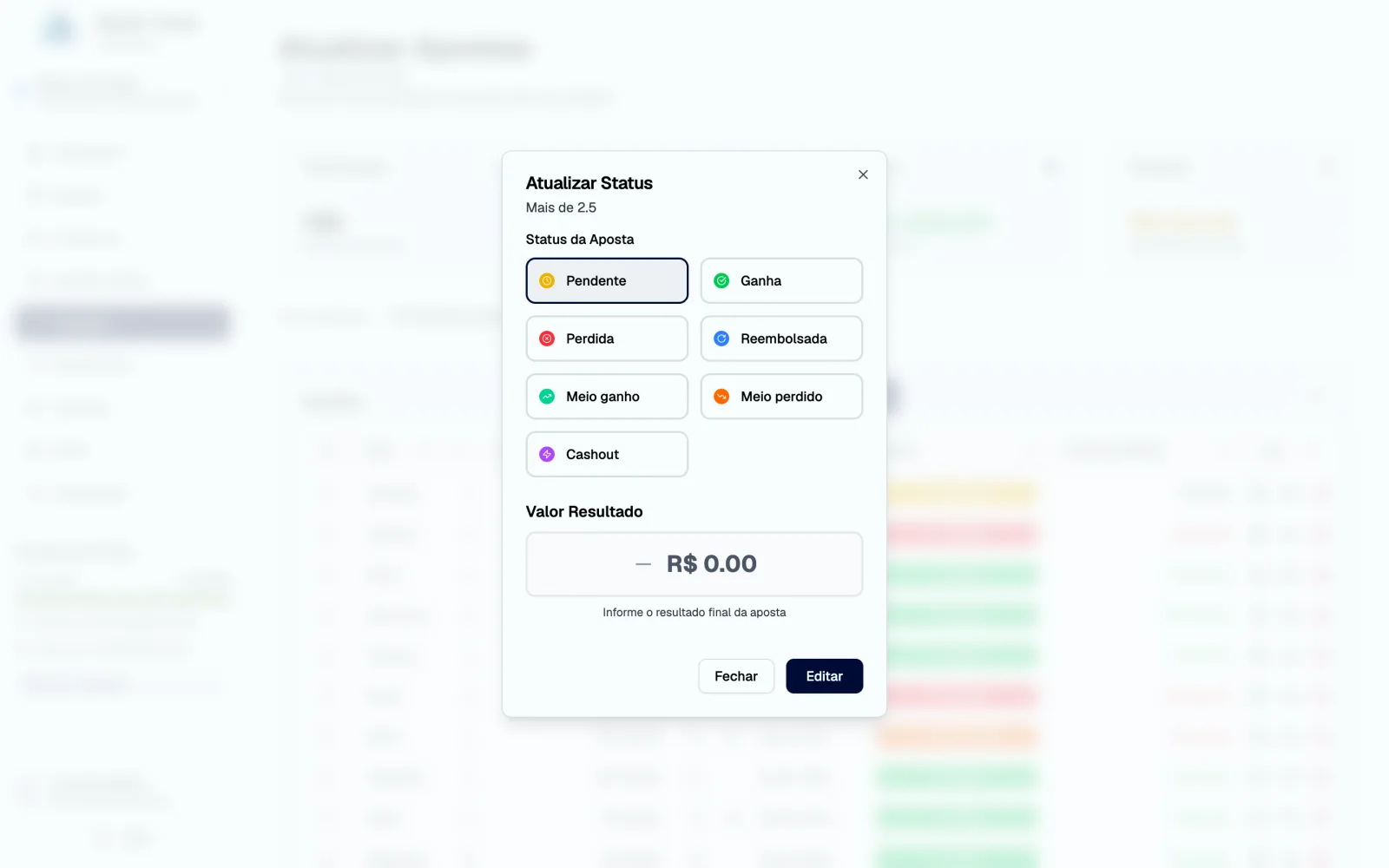 Modal Atualizar Status com os botões de status